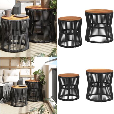 Tables d'appoint de jardin 2 pcs dessus en bois noir poly rotin - Table D'appoint De Jardin - Mobilier De Jardin - Table Extérieure - Table Ronde - Résine Tressée - Home & Living