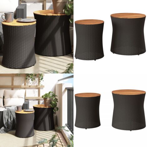 Tables d'appoint de jardin 2 pcs dessus en bois noir poly rotin - Table D'appoint Jardin - Table Extérieure - Mobilier De Jardin - Résine Tressée - Poly Rotin - Home & Living