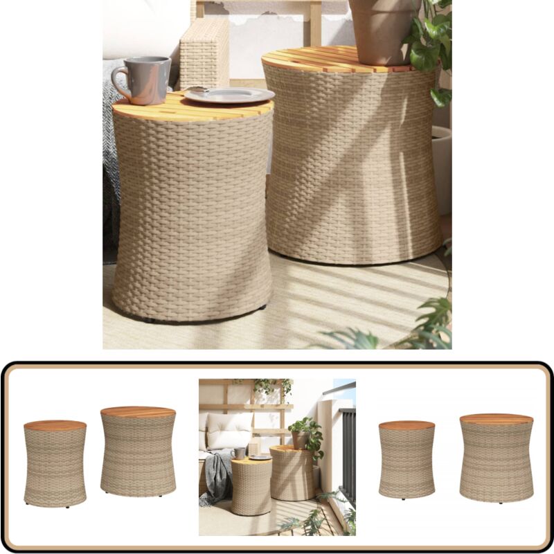 Tables d'appoint de jardin 2pcs dessus en bois beige poly rotin - Table D'appoint De Jardin - Table Extérieure - Mobilier De Jardin - Set De Tables