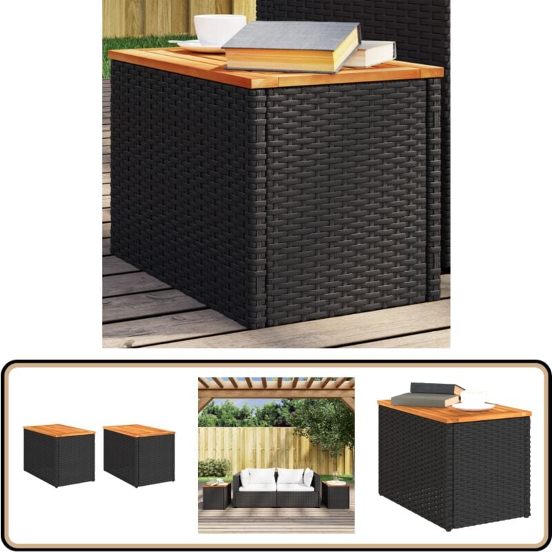Tables d'appoint jardin 2pcs noir 55x34x37 cm rotin bois massif - Table D'appoint Jardin - Table Patio - Mobilier De Jardin - Table Extérieure - Rotin