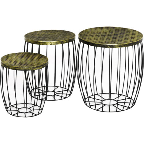 Tables d'appoint, lot de 3, style rétro, panier en métal, naturel et noir, 3 tailles
