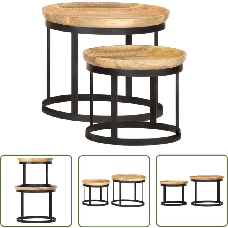 The Living Store Tables d'appoint rondes 2 pcs Bois de manguier solide et acier - Table D'appoint Industrielle - Table D'appoint Design - Table