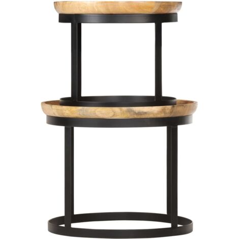 Tables d'appoint rondes 2 pcs，Table basse，Table de Salon Bois de manguier solide et acier CFW23030