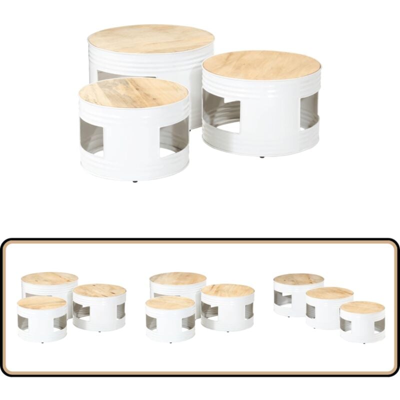 Tables de bar forme tambour 3 pcs bois de manguier massif brut - Table Basse - Table D'appoint - Ensemble De Tables - Tables Gigognes - Mobilier