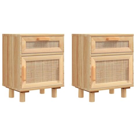 Tables de chevet 2 pcs  Cabinet de chevet  Table de nuit Marron Bois pin massif et rotin naturel