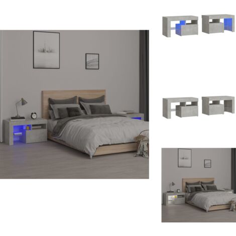 Tables de chevet 2 pcs et lumières LED Gris béton 70x36,5x40 cm - Table De Chevet - Meuble De Chambre - Luminaire LED - Éclairage RGB - Rangement Intérieur