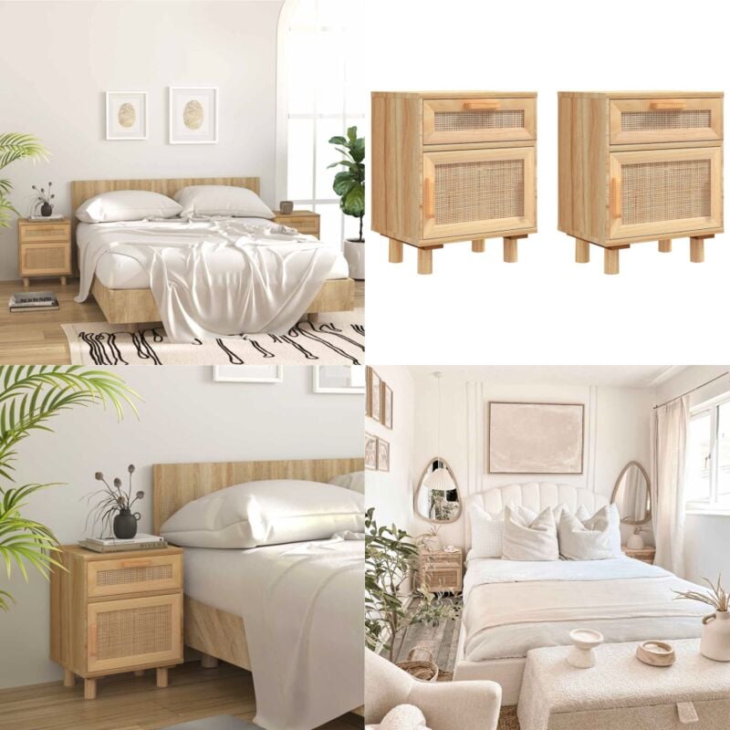 Tables de chevet 2 pcs Marron Bois pin massif et rotin naturel - Table De Chevet - Meuble De Chambre - Mobilier Scandinave - Commode - Armoire