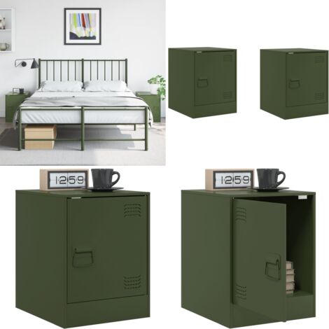 Tables de chevet 2 pcs vert olive 34,5x39x44 cm acier - Table De Chevet - Meuble De Chambre - Table Nuit - Meuble Déco - Rangement Intérieur - Home & Living
