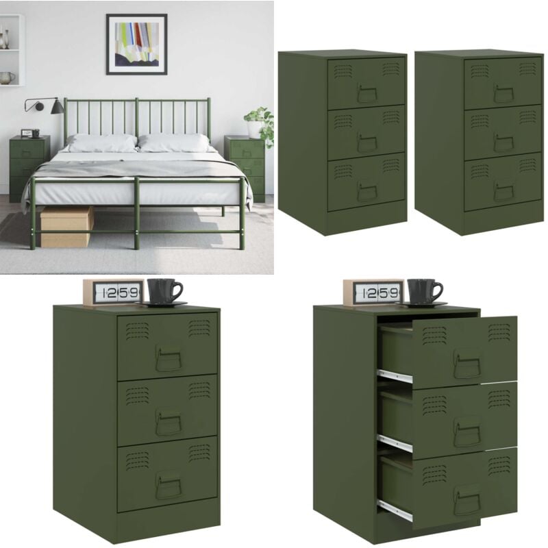 Tables de chevet 2 pcs vert olive 34,5x39x62 cm acier - Table De Chevet - Meuble De Chambre - Commode - Tiroir - Design Moderne - Home & Living