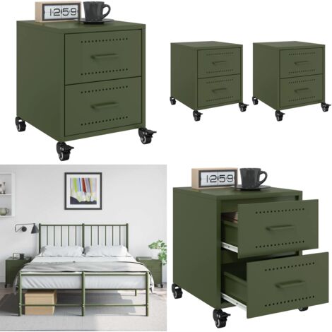 Tables de chevet 2 pcs vert olive 36x39x43,5 cm acier - Table De Chevet - Meuble De Chambre - Table Nuit - Meuble Déco - Rangement Tiroir - Home & Living