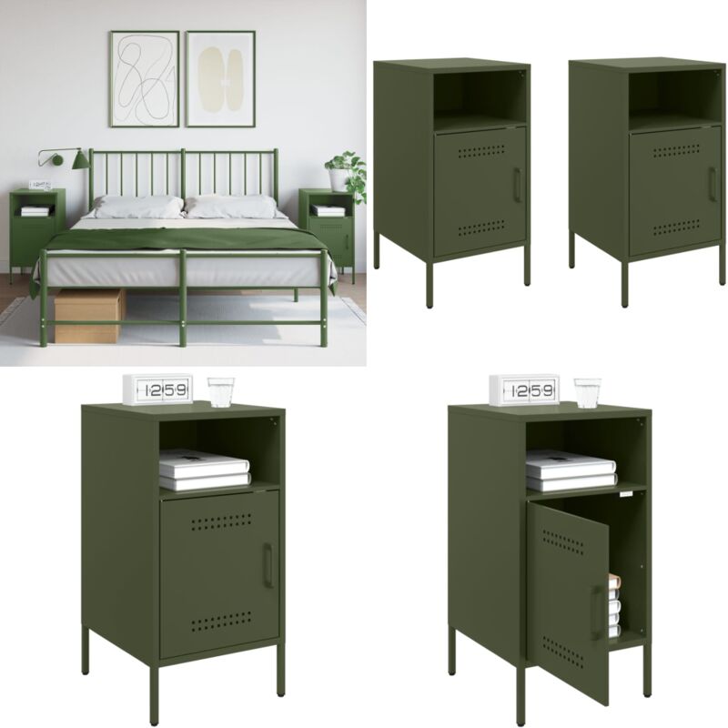 Tables de chevet 2 pcs vert olive 36x39x68 cm acier - Table De Chevet - Meuble Industriel - Table Nuit - Rangement - Meuble Salle De Séjour - Home &