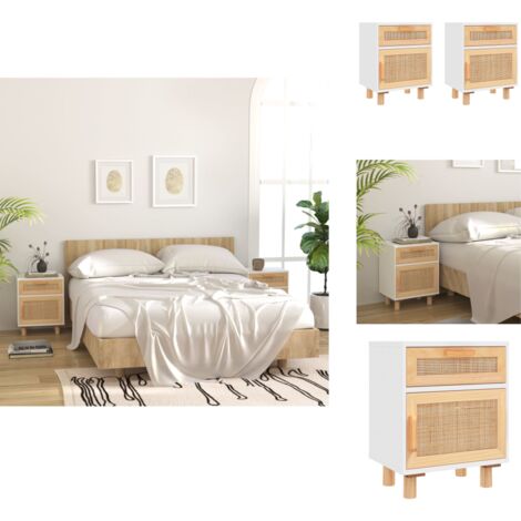 Tables de chevet 2pcs Blanc Bois de pin massif et rotin naturel - Table De Chevet - Meuble De Chambre - Mobilier Scandinave - Commode - Armoire D'appoint