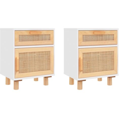 Tables de chevet 2pcs  Cabinet de chevet  Table de nuit Blanc Bois de pin massif et rotin naturel