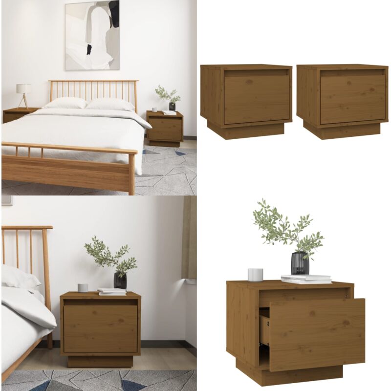 Tables de chevet 2pcs Marron miel 35x34x32cm Bois de pin solide - Table De Chevet - Meuble De Chambre - Table D'appoint - Table Nuit - Rangement