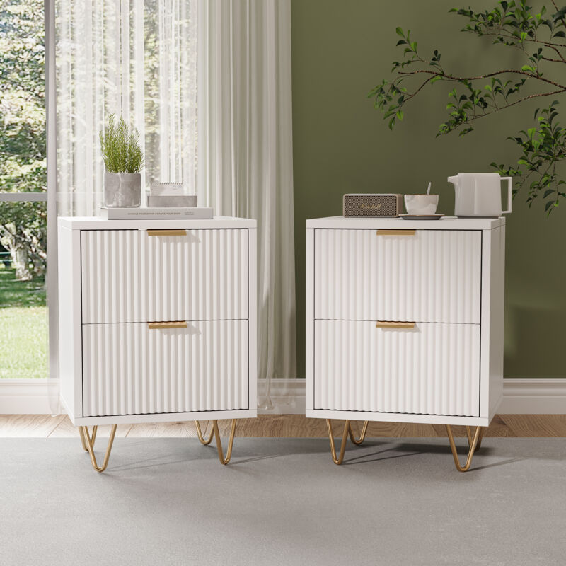 Tanant - Tables de Chevet 55cm, avec 2 tiroirs, texture ondulée, poignées et pieds dorés, rangement, Blanc