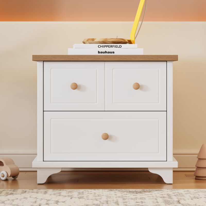 Tables de chevet 60 cm, avec 2 tiroirs, manche en bois, glissières silencieuses, étagères, Table d'appoint, pour salon, chambre - Blanc