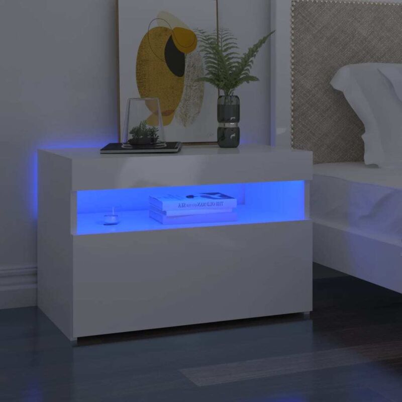 Ensemble de 2 tables de chevet avec design unique avec LED avec porte inclinable différentes couleurs Couleur : Blanc brillant