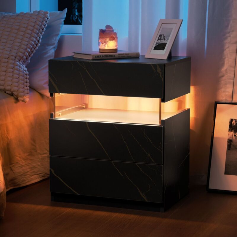 Tables de chevet à led, commode à 3 tiroirs pour table d'appoint de chambre à coucher avec panneau en acrylique, tables de chevet à led pour chambre