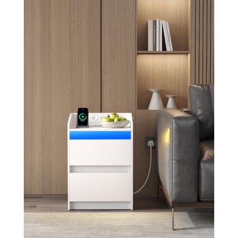 Tables de Chevet avec lumières LED, Lot de 2, Blanc