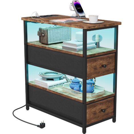 Tables de Chevet avec Multiprise, LED, Tables d'Appoint avec Tiroirs, Compartiment Ouvert, Ports USB, Marron