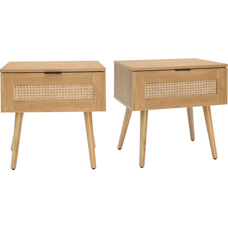 Tables de chevet finition bois clair, cannage rotin et métal noir L50 cm (lot de 2) manille