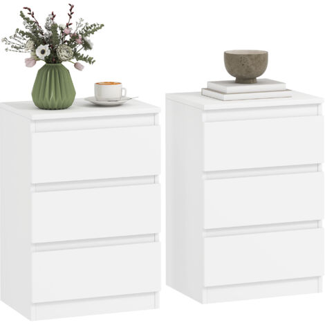 Tables de chevet dans un ensemble de 2, 3 tiroirs, design sans poignée, aspect bois, blanc