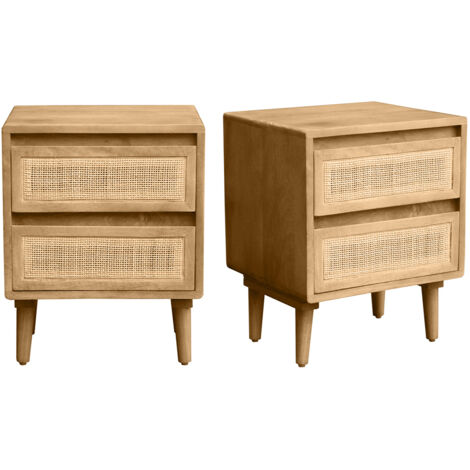 Tables de chevet en bois manguier massif et cannage rotin avec rangements 2 tiroirs (lot de 2) ACANGE