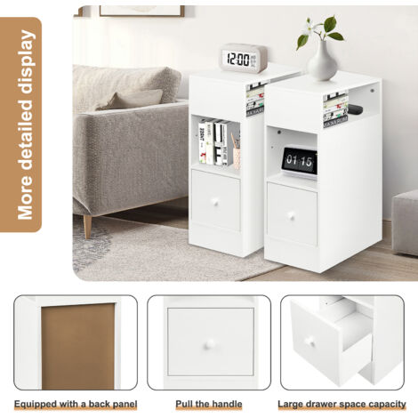 Tables de Chevet Étroite, Lot de 2, Tables d’Appoint avec 1 Tiroirs et Compartiment Ouvert, Table d’Appoint, Bout de Canapé, Meuble de Rangement Économie d'Espace, pour Chambre, Salon - Blanc