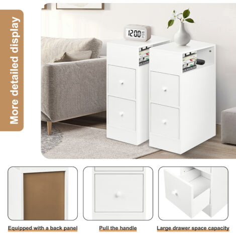 Tables de Chevet Étroite, Lot de 2, Tables d’Appoint avec 2 Tiroirs et Compartiment Ouvert, Table d’Appoint, Bout de Canapé, Meuble de Rangement Économie d'Espace, pour Chambre, Salon - Blanc