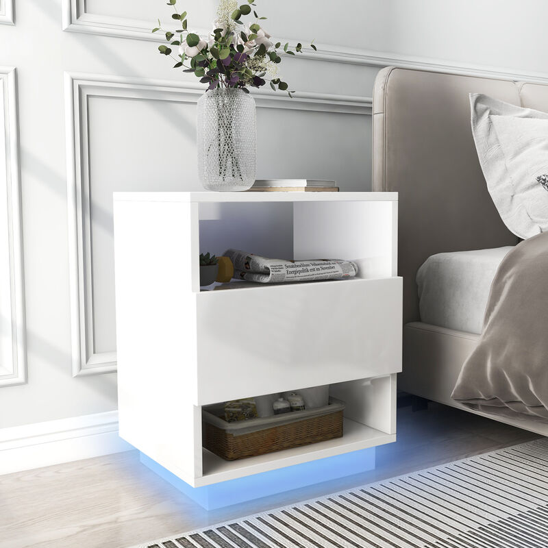 Tables de chevet à LED blanches avec table d'appoint à un tiroir pour salle de bain, chambre à coucher, plaque de triamine UV, une pièce