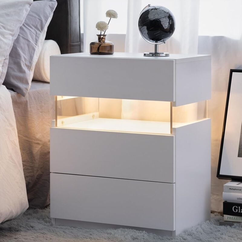 Tables de chevet led, commode à 3 tiroirs pour chambre à coucher, table d'appoint avec panneau acrylique, tables de chevet led pour chambre à