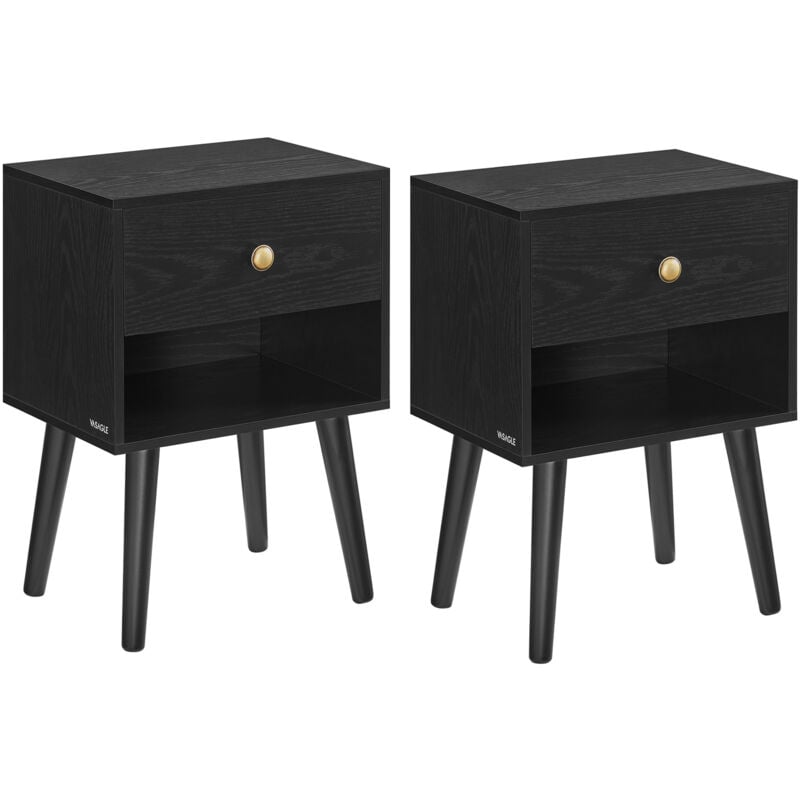 Vasagle - Tables de Chevet, Lot de 2, avec Tiroir et Compartiment Ouvert, Pieds en Bois, Noir Boisé
