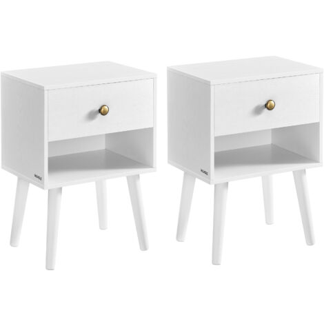 Tables de Chevet, Lot de 2, avec Tiroir et Compartiment Ouvert, Pieds en Bois, Blanc Neige