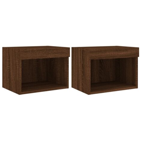 Tables de chevet murales avec lumières LED 2 pcs Cabinet de chevet Table de nuit chêne marron