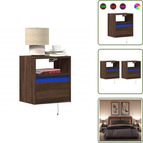 Tables de chevet murales avec lumières LED 2 pcs chêne marron - Table De Chevet Murale - Tables De Chevet Murales - Table De Chevet Flottante - Table De Chevet Suspendue