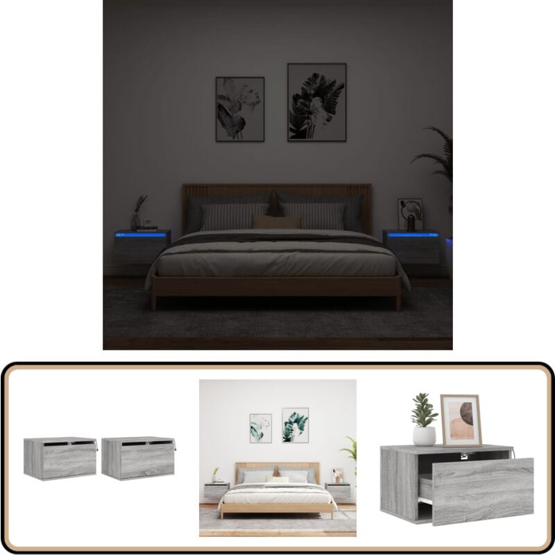 Tables de chevet murales avec lumières led 2 pcs sonoma gris - Tablette De Nuit Murale - Meuble Suspendu - Éclairage Led Rgb - Rangement Mural