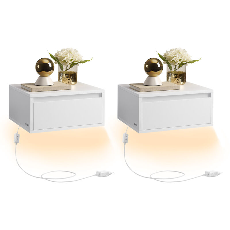 Tables de Chevet Suspendues, Lot de 2, Tables de Nuit, Lumière 3 Couleurs, Étagère Murale Tiroir, 35 x 40 x 18 cm, Style Moderne, pour Chambre,