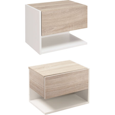 Tables de chevet suspendues Lot de 2 - Tables de Nuit murale - tiroir Coulissant - en Bois Bicolore Aspect chêne clair blanc