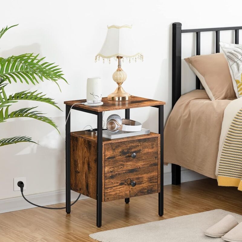 Tables de Chevet, Table Basse avec Prise et Port usb, Table d'Appoint avec Tiroirs et Étagères de Rangement, Adaptée aux Petits Espaces, Salon,