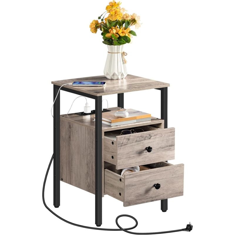 Tables de Chevet, Table Basse avec Prise et Port usb, Table d'Appoint avec Tiroirs et Étagères de Rangement, Adaptée aux Petits Espaces, Salon,