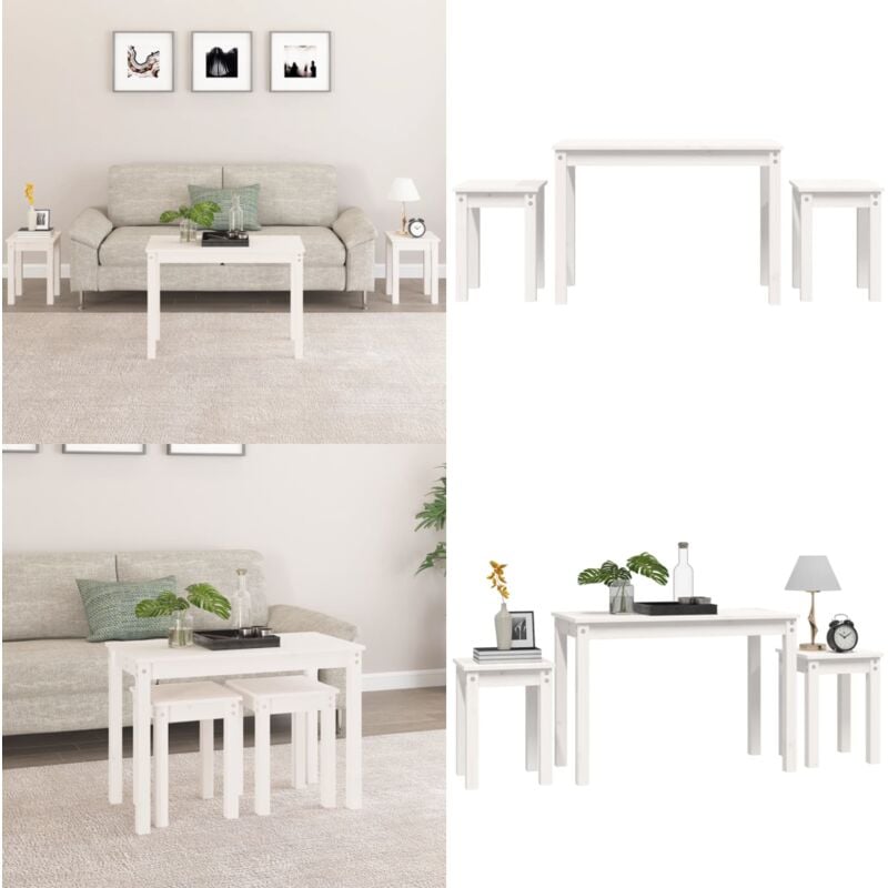 Tables gigognes 3 pcs Blanc Bois de pin massif - Table Basse - Table D'appoint - Meuble Petit Appartement - Ensemble De Tables - Tables Imbriquées