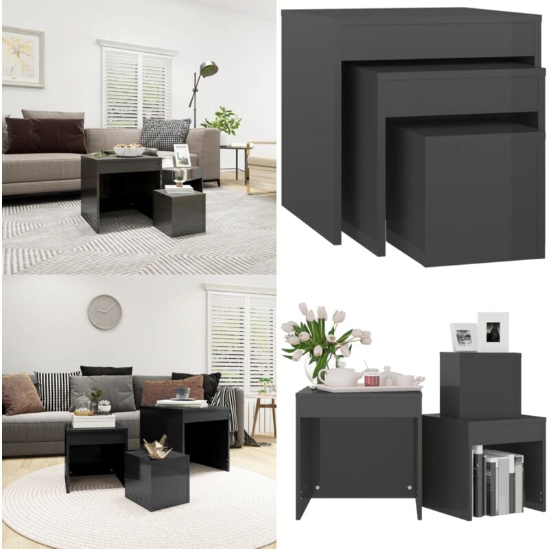 Vidaxl - Tables gigognes 3 pcs Gris brillant Bois d'ingénierie - Table Basse - Meubles D'intérieur - Set De Tables - Tables Gigognes - Mobilier