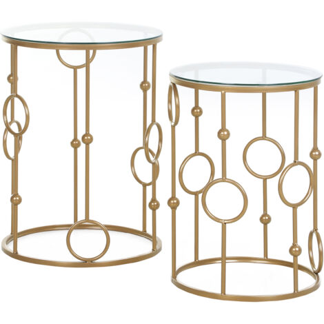 Tables gigognes Lot de 2 Tables Basses Rondes Design Style Art déco Ø 41 et Ø 36 cm métal doré Verre trempé 5 mm