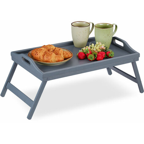 Tablette de Lit Bambou Pieds Rabats Rebords Plateau de Service & Petit Déjeuner, HLP : 6,5 x 50 x 30 cm, gris
