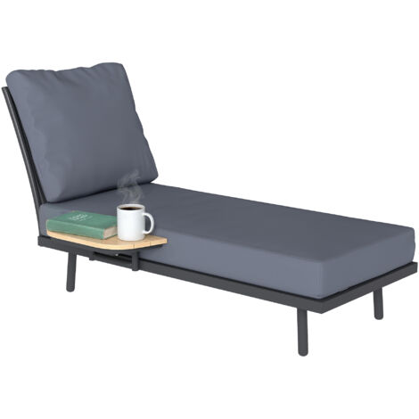 Tablette latérale, chaise longue de jardin en métal gris 58x137x75cm, coussins oléfine lavables, dossier réglable, relaxation extérieure, literie confortable et étagère pratique.