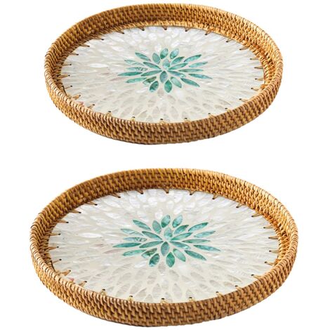 Tabletts aus geflochtenem Rattan mit bunten Muscheln für Wohnzimmer, Obst- und Snacktablett für Couchtisch, dekorativer Untersetzer (2er-Set)