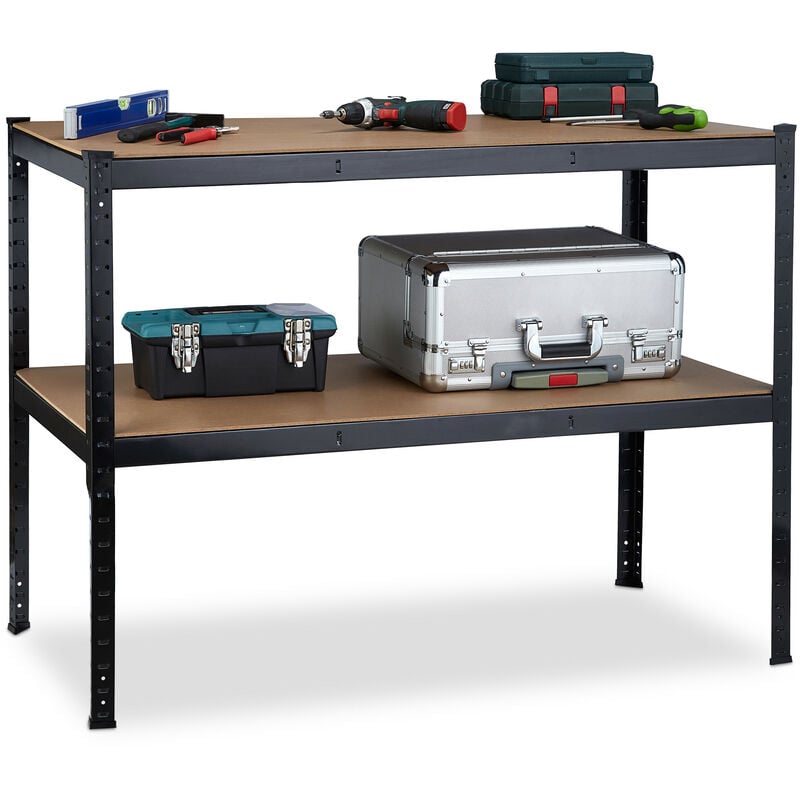 Tabli, 2 niveaux, hauteur réglable, table de travail atelier à poser, acier & mdf, hlp 90 x 120 x 60 cm, noir - Relaxdays