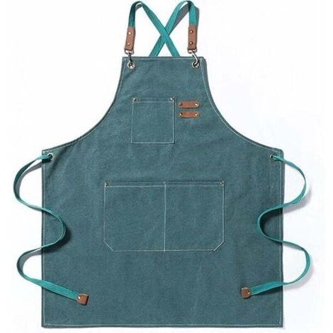 Tablier de chef, tablier de jardinage en toile de coton avec grandes poches pour hommes et femmes, bavoir de cuisine, tablier de jardinage réglable et résistant - Vert