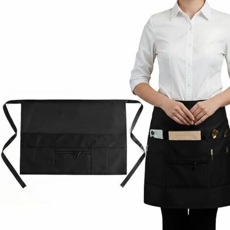 Tablier de Cuisine Court Unisexe, Tabliers de Serveur Noirs avec 8 Poches, Demi Tablier pour Homme et Femme au Café, Boulangerie, Restaurant, Bar, Cuisine, 71 x 50 CM