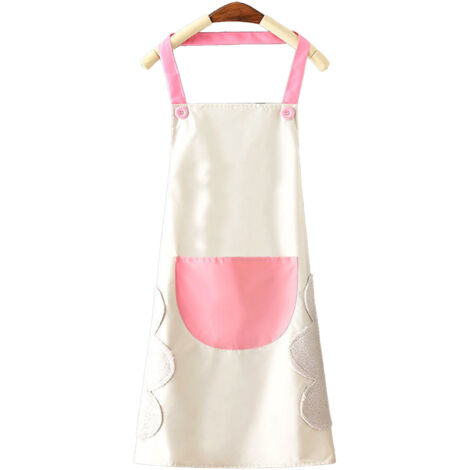 Tablier de cuisine imperméable et anti-huile, style dessin animé mignon, couleurs vives, gris avec poche rose, idéal pour la cuisine familiale et le restaurant.